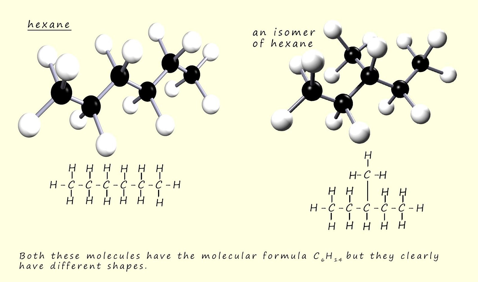 3D models showing two  structural isomers of hexane.